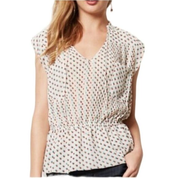 Isani Venn Peplum Top Mod Op Art Multi-dot Sheer Blouse Beige Retro 60s - Picture 11 of 11